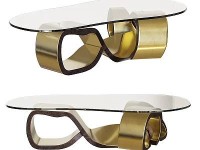 Modern Glass Top Coffee Table With Golden Intertwined Dark Wooden Loop Base 3d model