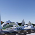 Scenic Park Landscape with Winding Pathways Green Slopes Colorful Trees and White Architectural Structures