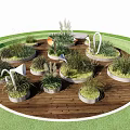 Grasses and Plants in Circular Planters on Wooden Deck with Green Lawn and White Decorative Structures
