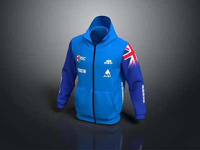 Blue Zippered Hoodie With Union Jack Flag And Brand Logos On Sleeves 3d model