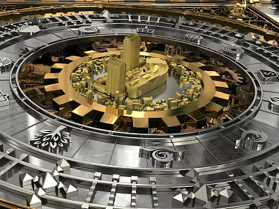 Elaborate Metallic Mechanical Structure With Circular Gears And Central Building Model 3d model
