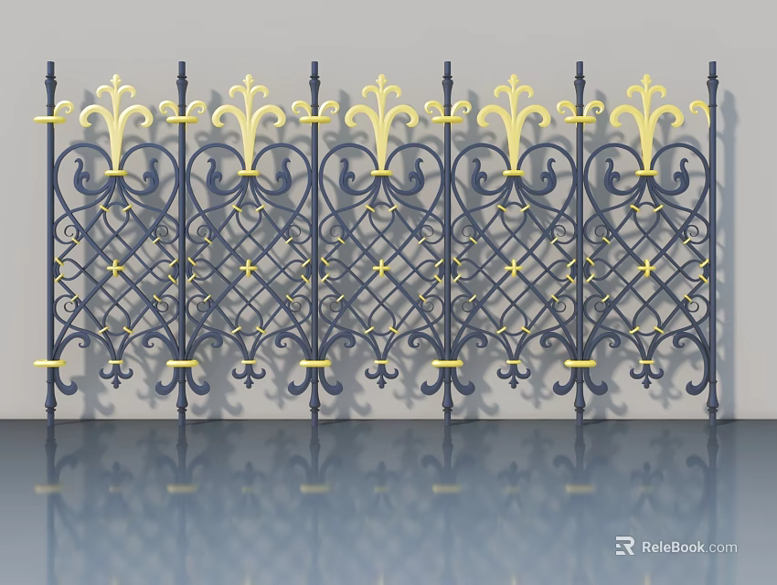 Wrought Iron Swing Door Featuring Ornate Gold Accents And Black Frame Design 3d model 