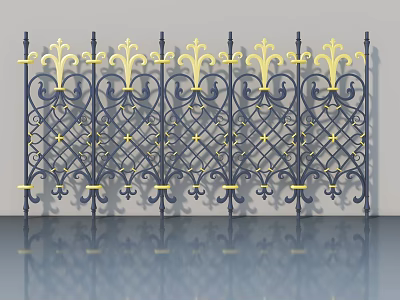 Wrought Iron Swing Door Featuring Ornate Gold Accents And Black Frame Design 3d model
