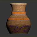 Decorative Clay Pot With Orange Ring Accents And Purple Wavy Patterns