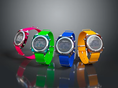 Four Colorful Digital Watches With Pink Green Blue Yellow Straps And Modern Design 3d model