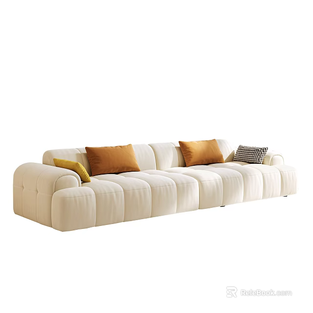 Cream Velvet Sectional Sofa With Plush Tufted Design And Decorative Accent Pillows 3d model 