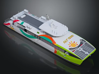 Fast Ferry Water Transport With Modern Design Green Orange White Colors For Tourist Travel 3d model