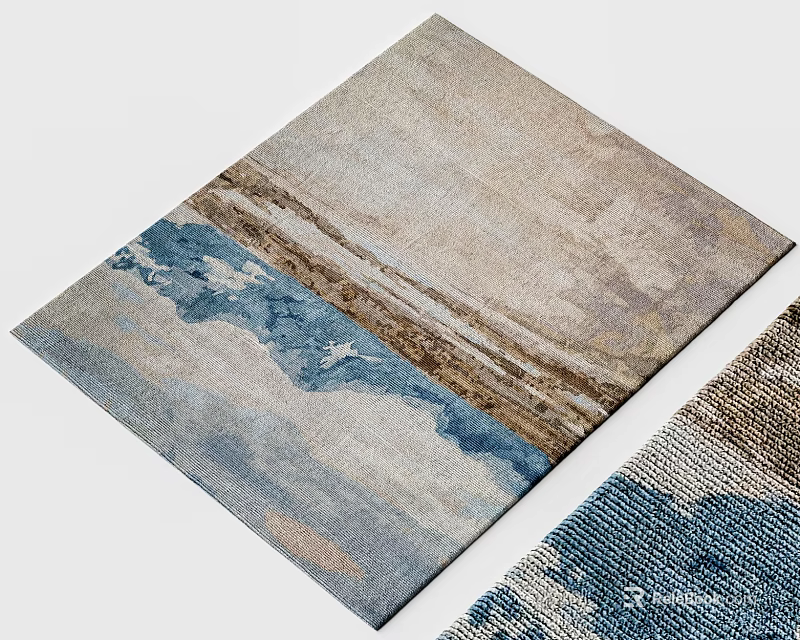 Modern Square Area Rug With Abstract Blue Beige Brown Wavy Pattern Design 3d model 