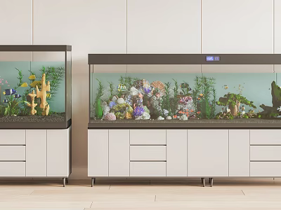 Stylish Aquariums With Coral Plants And Fish In Cabinets 3d model