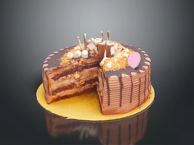 Layered Chocolate Cake Topped With Marshmallows Nuts Chocolate Sticks On Golden Tray Slice Removed 3d model