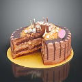 Layered Chocolate Cake Topped With Marshmallows Nuts Chocolate Sticks On Golden Tray Slice Removed