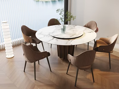 Round Marble Dining Table With Six Brown Velvet Chairs And Lake View Window 3d model