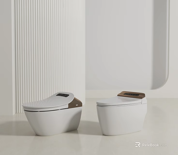 Modern White Toilets With Sleek Design And Wooden Panel In Contemporary Bathroom 3d model 