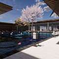 Modern Sales Office Building Featuring Wooden Roof Water Pool And Natural Light