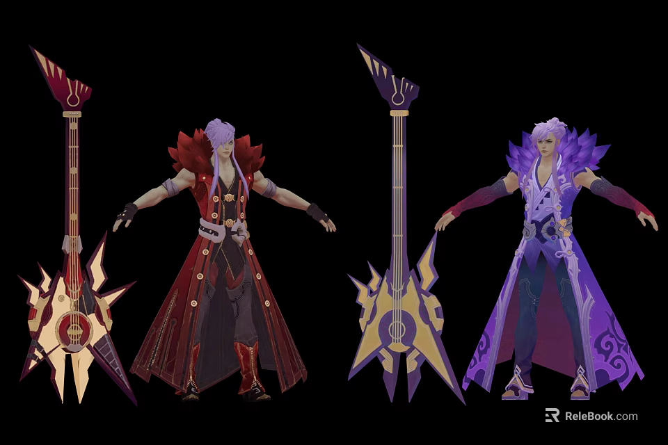 Fantasy Characters With White Long Hair Red Purple Costumes And Decorative Weapons 3d model 