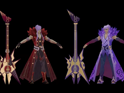 Fantasy Characters With White Long Hair Red Purple Costumes And Decorative Weapons 3d model