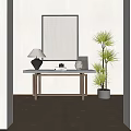 Modern Console Table Entryway With Framed Artwork Table Lamp And Potted Plant On Light Walls