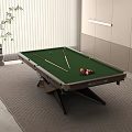 Modern Billiard Table in Stylish Room with Cues Colored Balls on Gray Rug