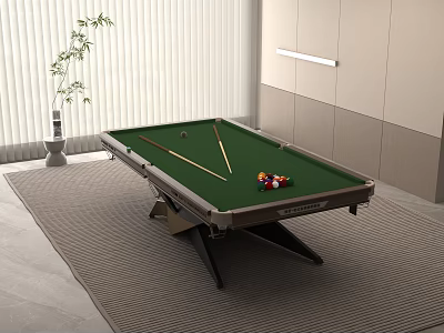 Modern Billiard Table in Stylish Room with Cues Colored Balls on Gray Rug 3d model