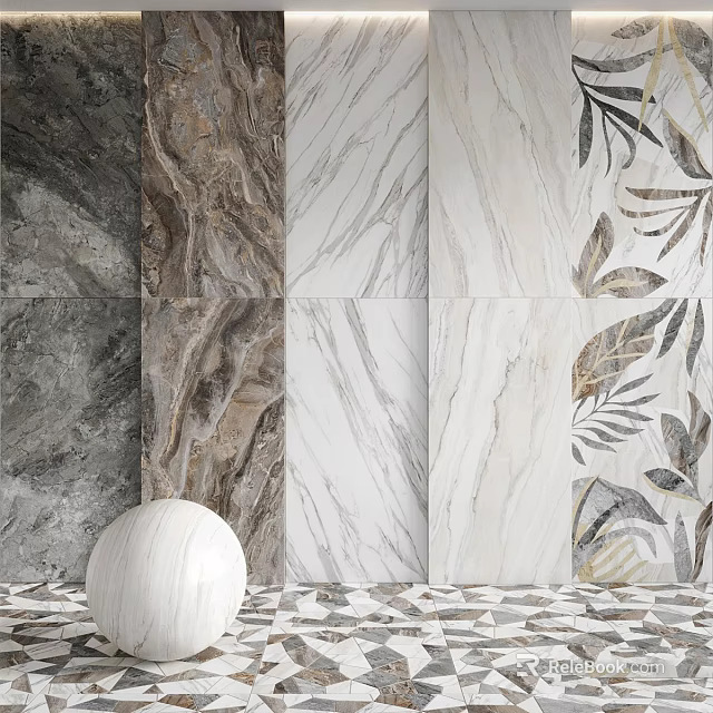 Modern Multi Colored Marble Textured Tiles For Wall And Floor With Leaf Pattern 3d model 