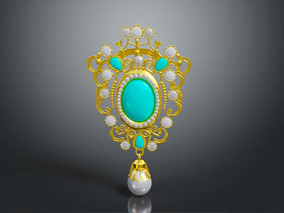 Golden Decorative Lifestyle Accessory With Turquoise Gemstone White Beads And Pearl Pendant 3d model