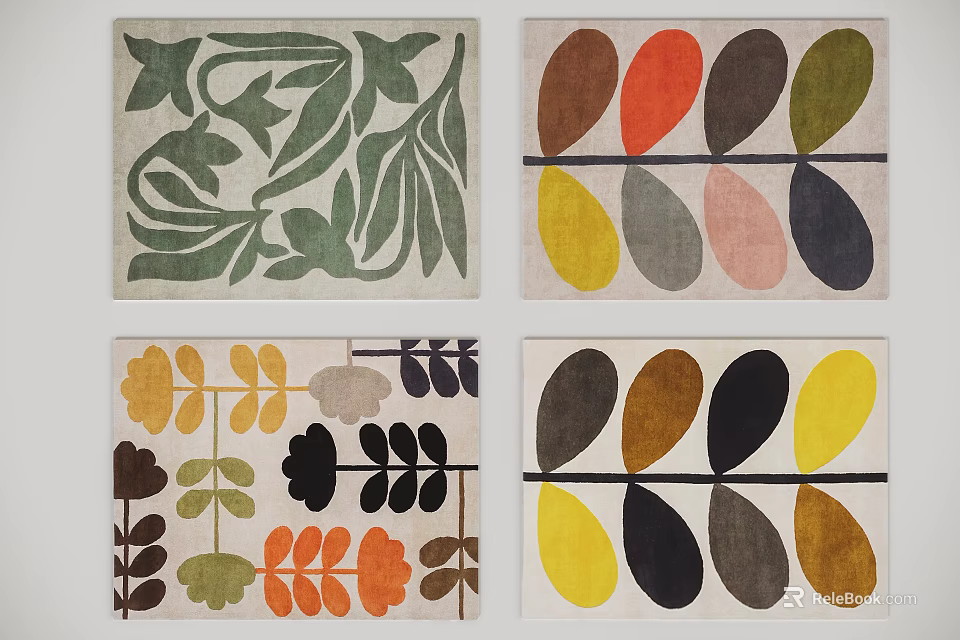 Colorful Square Rugs With Leaf And Geometric Patterns For Modern Home Decor 3d model 