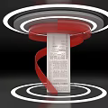 Exhibition Hall Featuring White Display Board Red Spiral Decorations And White Circular Lights