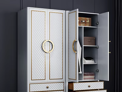 Modern White Gold Wardrobe With Quilted Doors Round Handles And Storage Drawers 3d model