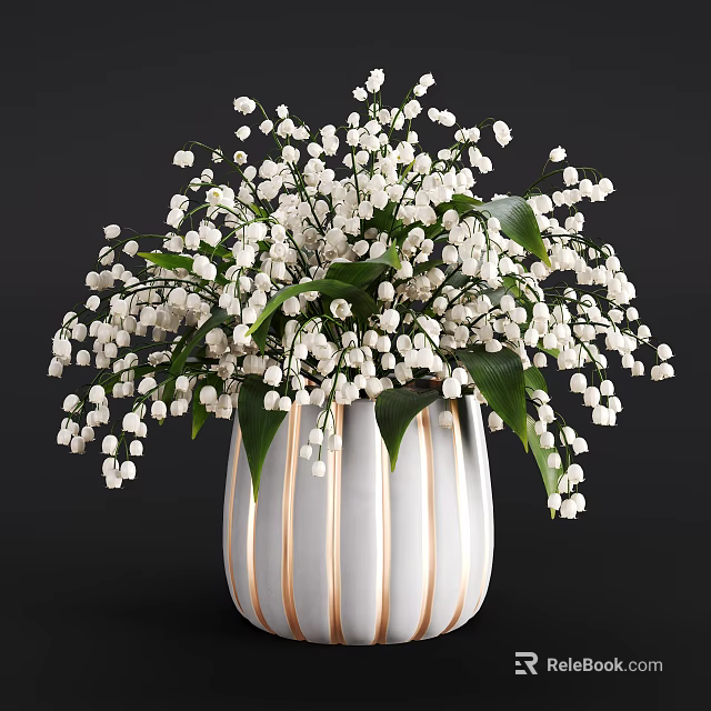 Potted Lily of the Valley With White Flowers Green Leaves And White Gold Striped Vase 3d model 