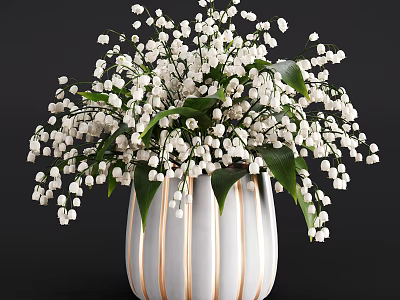Potted Lily of the Valley With White Flowers Green Leaves And White Gold Striped Vase 3d model