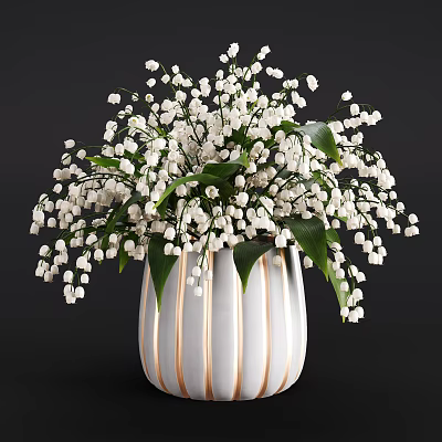 Potted Lily of the Valley With White Flowers Green Leaves And White Gold Striped Vase 3d model