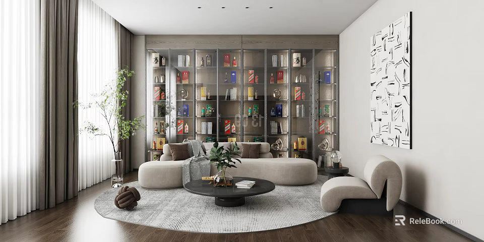 Modern Study Room With Large Bookcase Cozy Sofa And Decor 3d model 