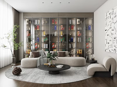 Modern Study Room With Large Bookcase Cozy Sofa And Decor 3d model