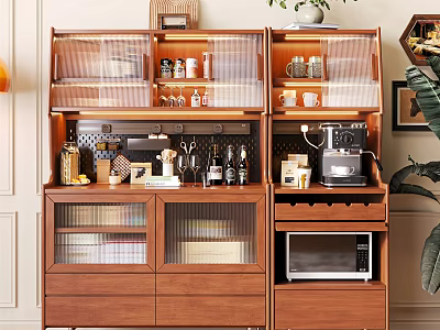 Wooden Sideboard With Glass Doors Storing Mugs Bottles Coffee Machine Microwave And Warm Lighting 3d model
