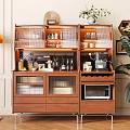 Wooden Sideboard With Glass Doors Storing Mugs Bottles Coffee Machine Microwave And Warm Lighting