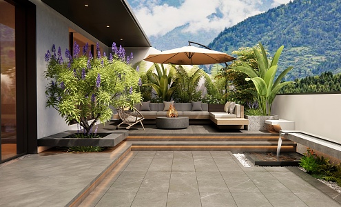 Modern Roof Garden Courtyard Landscape Outdoor Sofa Flowers and Plants Plant Combination Waterscape 3d model