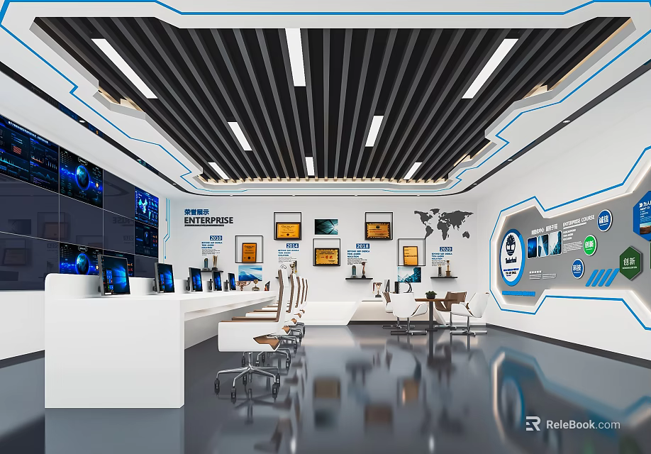 Modern Monitoring Room Interior Featuring Multiple Screens Control Desk Office Chairs Charts And World Map 3d model 