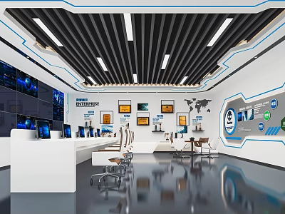 Modern Monitoring Room Interior Featuring Multiple Screens Control Desk Office Chairs Charts And World Map 3d model