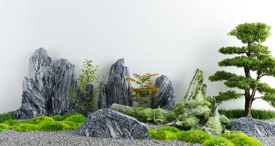 Japanese Dry Landscape Garden Design With Gray Rocks Green Moss And Small Plants 3d model 