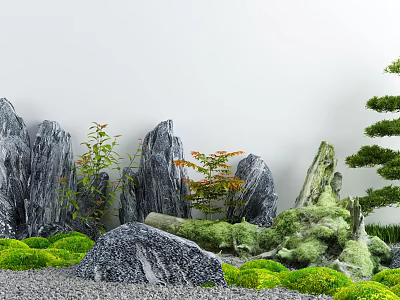 Japanese Dry Landscape Garden Design With Gray Rocks Green Moss And Small Plants 3d model