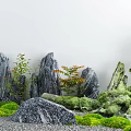 Japanese Dry Landscape Garden Design With Gray Rocks Green Moss And Small Plants