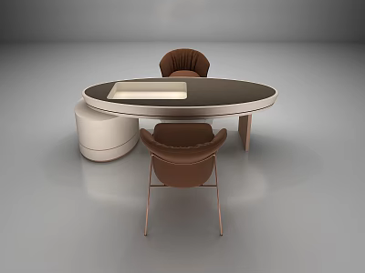 Round Black Tabletop Dining Set with Brown Upholstered Chairs and White Side Stool 3d model
