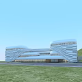 Modern Commercial Complex Featuring Unique Striped Facade Glass Curtain Walls And Green Surroundings