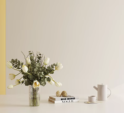 Decorative Ornament Set Featuring Glass Vase White Tulips Green Leaves Books Sphere Ornaments And Kettle 3d model