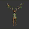 Orange Deer With Branches Green Leaves Red Flowers And Green Leaf Decorations Against Gray Background