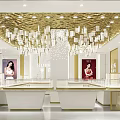 Luxurious Jewelry Store Interior Design With Golden Decor Crystal Chandelier And White Display Counters