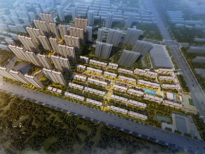 Aerial View Planning of Residential Development With High Rise Buildings Low Rise Structures and Green Spaces 3d model