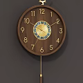 Round Wooden Frame Clock With Decorative Center Design Numerical Dials And Pendulum 3d model