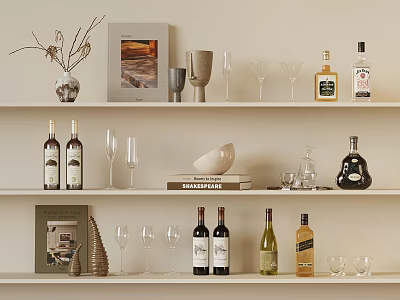 Elegant Home Decor Shelf With Wine Bottles Glasses Books Vase And Decor Items 3d model