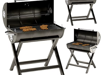 Portable Foldable Barbecue Grill With Foldable Stand And Sausages On Rack 3d model